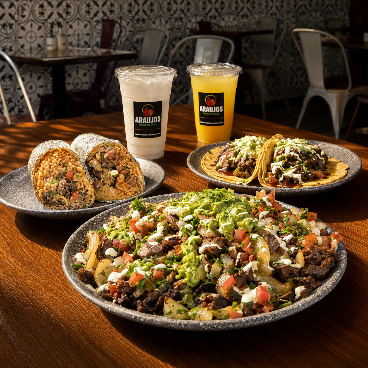 Araujo's carne asada, burritos, street tacos and aguas frescas in Araujo's branded cups
